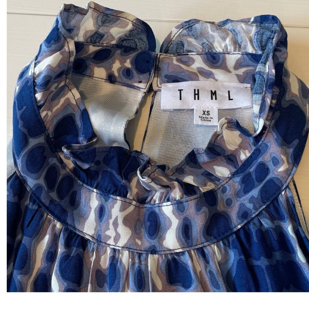 THML Halter Dress Ruffle Neck Tiered Lined Sz XS Tie Dye Print Beachy Coastal - Picture 3 of 11